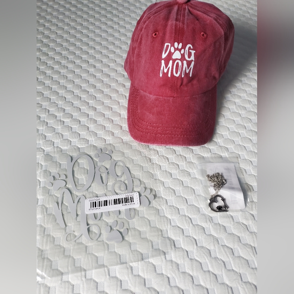3 pieces Set Dog Mom hat, car window sticker and Heart Bone Paw Pendant